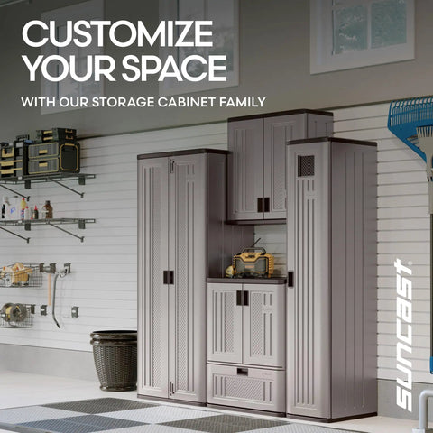72 Inch Tall Resin Garage Organization Storage Cabinet Freestanding Utility Closet With Shelving For Garden Supplies Paint Cans And Outdoor Tools Lockable Platinum Finish Built Tough And Rust Resistant displayed in garage