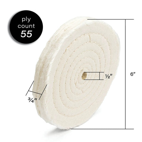 Premium 6 Inch Spiral Sewn Buffing Wheels 2 Pack Thick Cotton Polishing Discs For Metal Finishing Bench Grinder And Rotary Tool Buffer, 55 ply, 3/4 inch thick, 1/2 inch center hole.