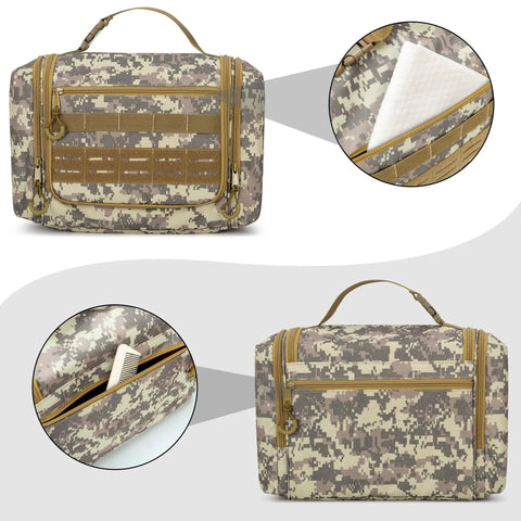 Camouflage Desert Yellow Hanging Dopp Kit for Men showcasing zipper details and interior compartments with hook