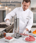 Chef using Manual Sausage Stuffer Press Vertical 304 Stainless Steel Sausage Maker 3L Capacity Includes 8 Tubes for sausage making