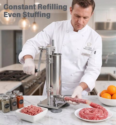 Chef using Manual Sausage Stuffer Press Vertical 304 Stainless Steel Sausage Maker 3L Capacity Includes 8 Tubes for sausage making