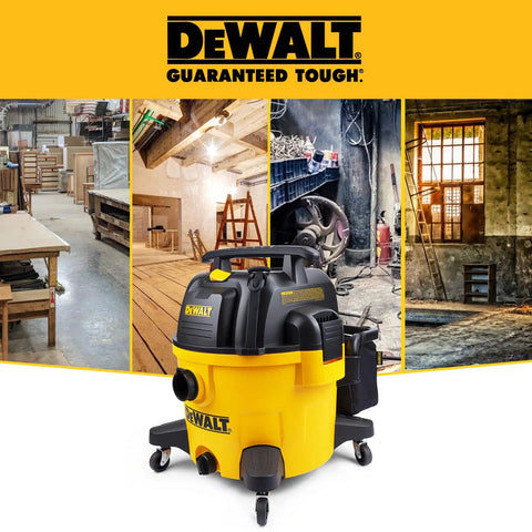 9 Gallon Wet And Dry Shop Vacuum With 5 Peak HP Motor displayed in front of garage, workshop, and home backgrounds