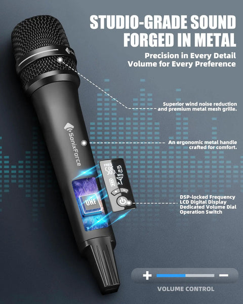Wireless Dual Microphone System With UHF Range Up To 260 Feet All Metal Portable Karaoke Mic with LCD display and controls