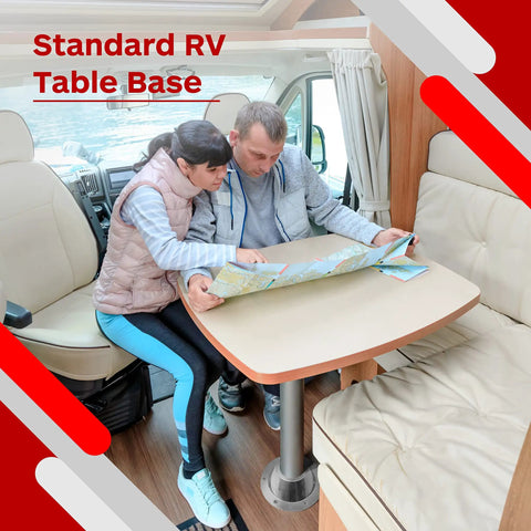 Built Tough Aluminum Rv Table Floor Mounting Base With Heavy Duty Pedestal Replacement Hardware Complete Screw Pack For Camper Slide Out Support That Delivers A Smooth No Hassle Upgrade Every Single Time, shown in a cozy RV setting.