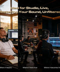 Musicians using wired over-ear studio monitor headphones for recording and mixing with fifty millimeter drivers and wide frequency response