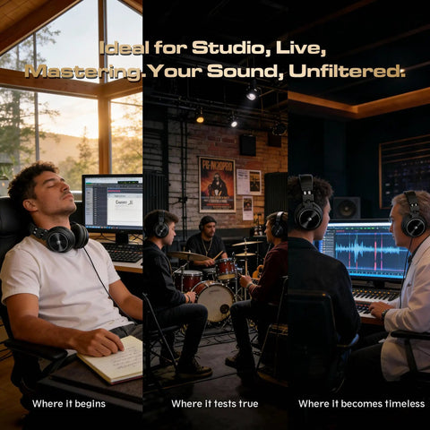 Musicians using wired over-ear studio monitor headphones for recording and mixing with fifty millimeter drivers and wide frequency response