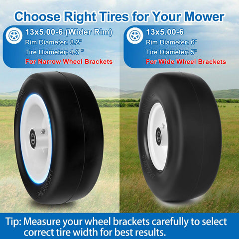 Flat Free 13x5 Front Lawn Mower Tires And Wheels For Zero Turn Mowers Smooth Tread 13x5x6 Bore diagram
