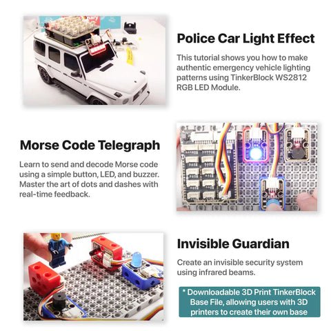 ESP32 S3 Starter Kit demonstration with police car light effect and Morse code telegraph using TinkerBlock modules.
