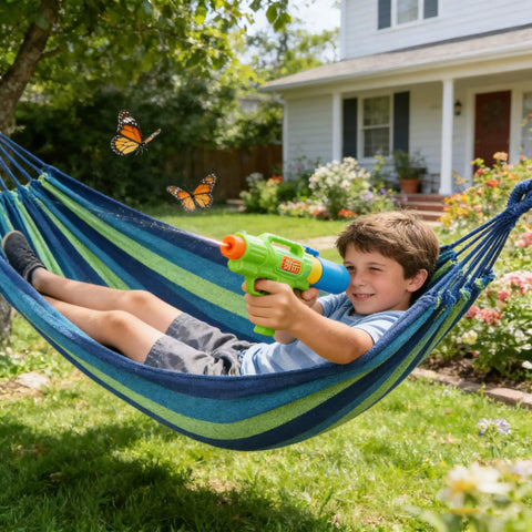 Boy relaxing in striped blue canvas hammock with water gun in yard, Canvas Hammock With Durable Comfort For Patio Yard Garden Backyard And Travel Portable And Easy Setup With Carrying Bag Included Ideal For Camping Outdoor Relaxation In Spacious 230 Centimeter Long Design For Supremely Comfortable Kick Back Anywhere