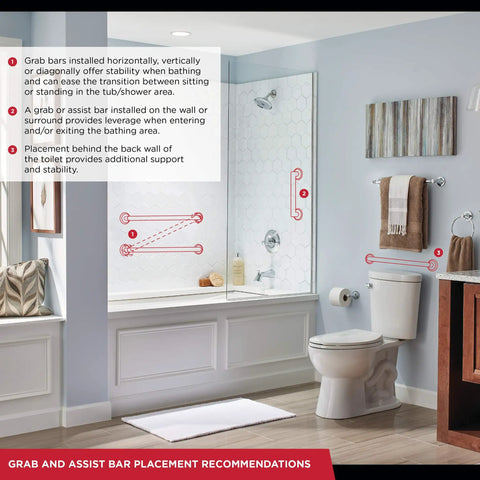Bathroom setup showing installation areas for 18 Inch Matte Black Shower Grab Bar ADA Compliant 450 Lb Capacity Wall Mounted Safety Handle.