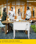 Spacious 80 Quart Party Cooler With Divider And Serving Tray Rolling Ice Chest Keeps Drinks Cold For 36 Hours in outdoor setting