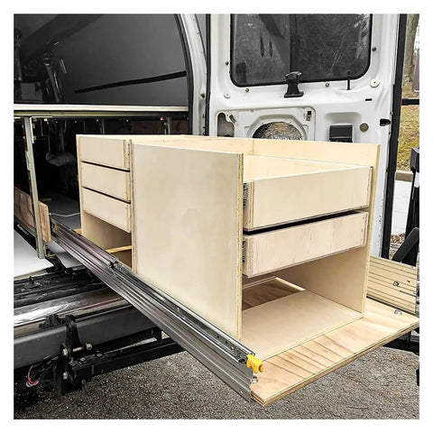 Heavy Duty Three Section Full Extension Drawer Slides 38 Inch Pair Built Tough With Double Springs And Ball Bearings showing installed drawer unit in van.