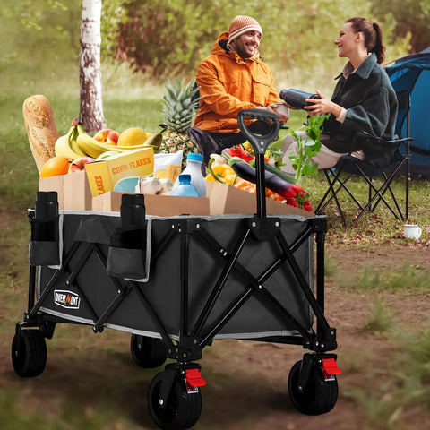 Collapsible Wagon With All Terrain Wheels Heavy Duty Foldable Utility Wagon 330 Lb Capacity Side Pockets For Camping Black