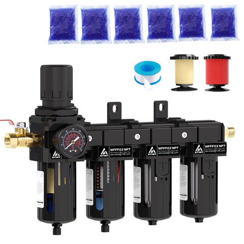 Beefed Up Three Eighths Inch NPT Four Stage Air Drying System With Brass Five Micron Filter And Ultra Fine 0.01 Micron Coalescing Filter Double Desiccant Dryers And Air Regulator Metal Bowl Semi Auto Drain For Paint Spray And Plasma Cutter Black