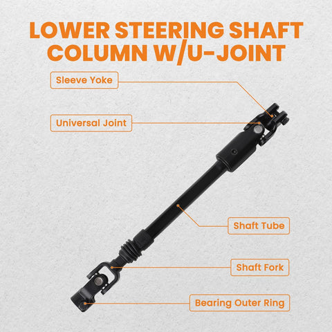 Side view of maXpeedingrods lower power steering column intermediate shaft, black steel with universal joint