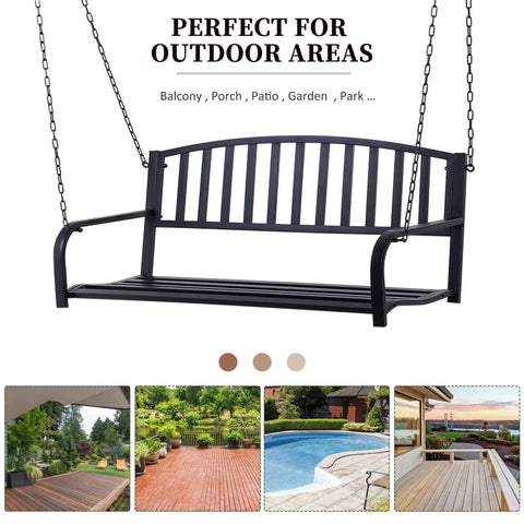 Two Person Front Porch Swing Bench For Outdoor Chill Sessions, Heavy Duty Steel Swing Chair With Solid Chains, Black Finish