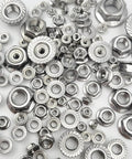 Hella Tough 304 Stainless Steel Hex Flange Nuts Assortment Kit With M3 M4 M5 M6 M8 M10 M12 Metric Fasteners, 129-piece kit of shiny nuts.