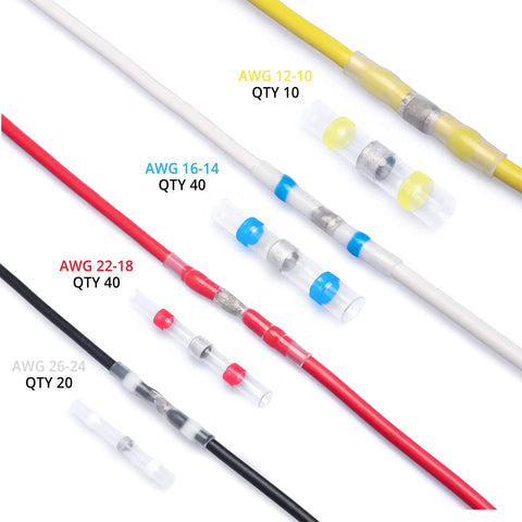 Solder Seal Wire Connectors Kit With Heat Shrink Sleeves, Waterproof No Fuss Self Soldering Butt Connectors For 26-10 AWG, 110 Pcs