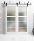 Quadro 4002 Interior Barn Bypass Sliding Doors With Frosted Glass In White MDF 84 By 96 Inches in modern living room