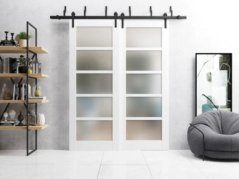 Quadro 4002 Interior Barn Bypass Sliding Doors With Frosted Glass In White MDF 84 By 96 Inches in modern living room