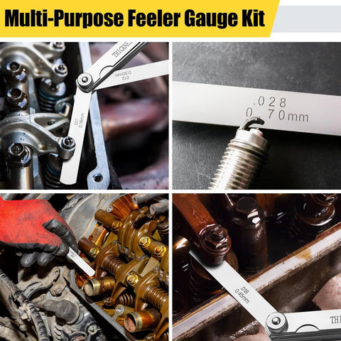 Two-piece stainless steel feeler gauge set with 32 straight and 16 angled blades, dual SAE/metric markings.