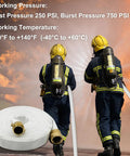 Firefighters using One And A Half Inch Lay Flat Fire Hose Fifty Foot White Beefy Heavy Duty Industrial Water Hose With Brass NPSH And NPT Couplings Male And Female Gasketed Ends Test Pressure Up To 250 PSI with rolled hose and pressure specs