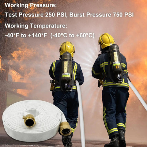 Firefighters using One And A Half Inch Lay Flat Fire Hose Fifty Foot White Beefy Heavy Duty Industrial Water Hose With Brass NPSH And NPT Couplings Male And Female Gasketed Ends Test Pressure Up To 250 PSI with rolled hose and pressure specs