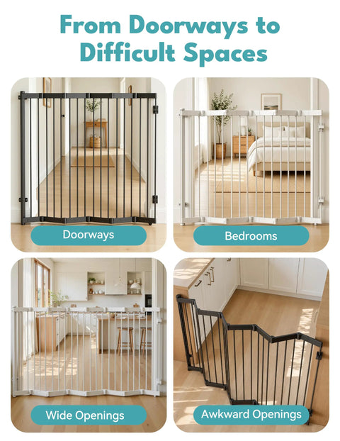 Heavy Duty Metal Retractable Pet Gate For Doorways And Stairs With Auto Close Design shown in various home settings.