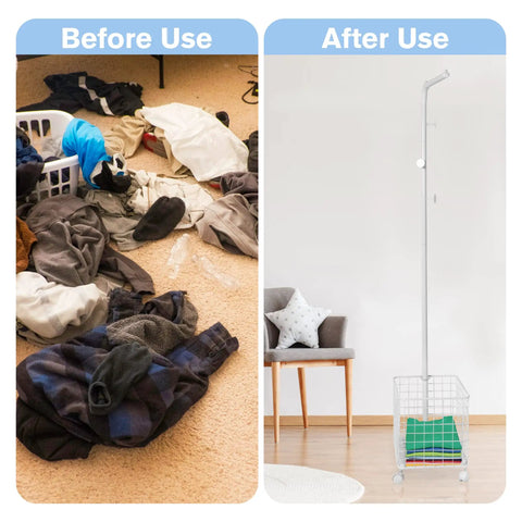 Smooth Rolling Garment Rack With Heavy Duty Hooks And Metal Basket, Versatile Freestanding Clothes Organizer For Entryway Or Laundry Room, Space Savvy White Hanging Rack That Rolls Around Easy