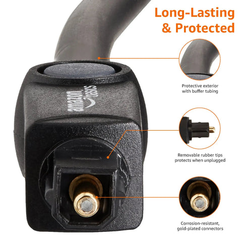 Close-up of Toslink Digital Optical Audio Cable With Gold Plated Connectors For Soundbars And Home Theater 9.8 Feet, showing the connector and protective features.