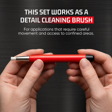 Hands holding Fiberglass Fine Tip Scratch Brush Pen For PCB Metal And Jewelry 3 Pack Pro Grade Precision Cleaning Tool