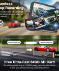 Ultra Crisp Dual Dash Cam Front And Rear 4K Plus 2.5K UHD With Free 64GB Card showing seamless loop recording feature