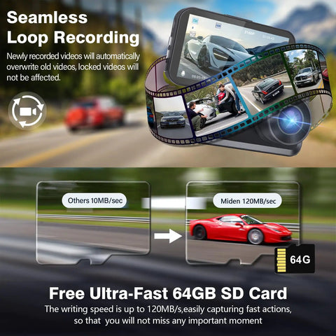 Ultra Crisp Dual Dash Cam Front And Rear 4K Plus 2.5K UHD With Free 64GB Card showing seamless loop recording feature