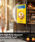 Straight Fire 65 Inch Storefront Digital Signage Display in window, showcasing vibrant food ad poster, heat resistant.