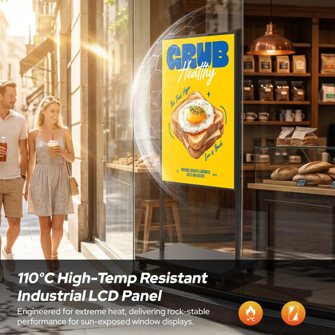 Straight Fire 65 Inch Storefront Digital Signage Display in window, showcasing vibrant food ad poster, heat resistant.