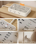 Heavy Duty 6 Ft Surge Protector Power Strip With Six Usb Ports And Sixteen Widely Spaced Ac Outlets For Home Office Setup on a wooden surface.