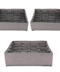 Foldable Oxford Fabric Closet Organizers For Socks And Underwear With Multi Compartments, three fabric bins with 24 and 16 cell layouts.