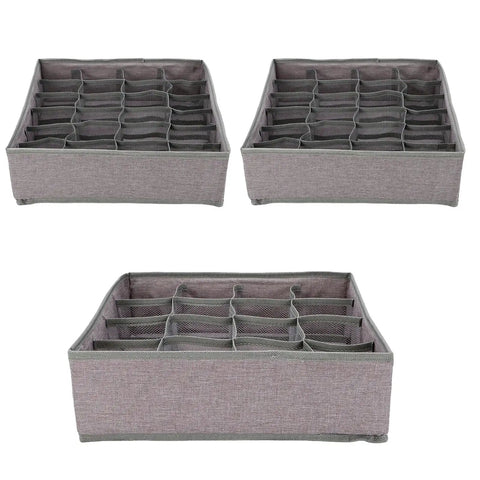 Foldable Oxford Fabric Closet Organizers For Socks And Underwear With Multi Compartments, three fabric bins with 24 and 16 cell layouts.