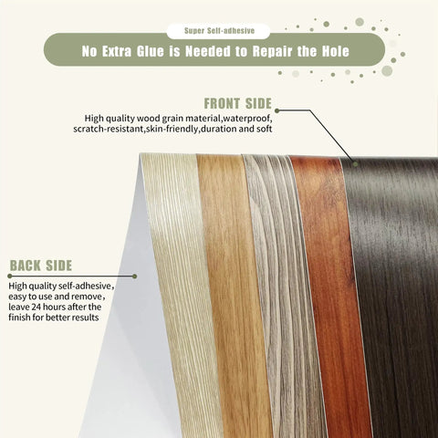 Premium Gray Wood Grain Peel And Stick Film 2.4 Inch By 15 Feet Self Adhesive Repair Wrap showing various wood grain styles and back side features.