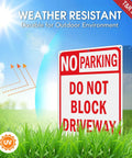 Heavy Duty No Parking And Do Not Block Driveway Sign 14X10 Inch Reflective Aluminum installed outdoors with grass background.