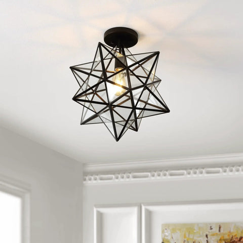 Black 14.5 Inch Moravian Star Ceiling Light 1 Light Semi Flush Mount Iron And Glass Farmhouse Boho Lantern For Hallway And Bedroom UL Listed LED Bulb Included