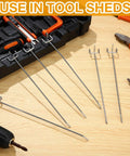 100 Pack Stainless Steel Pegboard Hooks For One Eighth And One Quarter Inch Pegboards, laid out near tools on wooden surface.