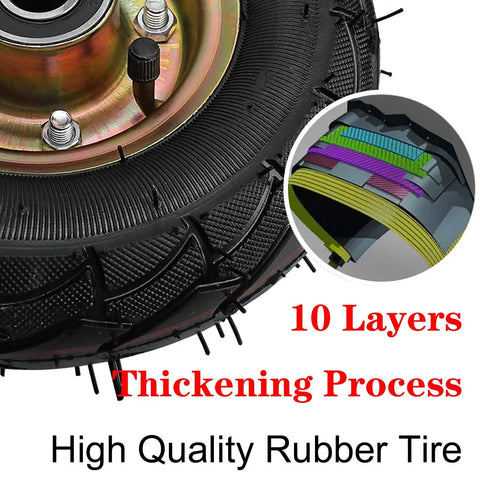 Close-up of Heavy Duty Swivel Caster Wheels Set Of Four With Side Brakes And Shock Absorbing Pneumatic Rubber Tires showing detailed tire layers.