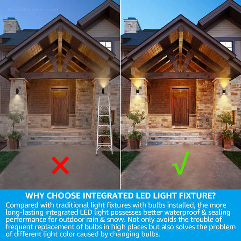 Comparison showing LED Cylinder Up Down Outdoor Wall Light Dope Energy Saving 24W 120V Aluminum improving outdoor porch lighting.