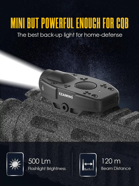 Ultra Compact Rifle Light And Helmet Mounted For Picatinny Rails, Ultra Lightweight Under 30g showing 500 Lm brightness on black mount