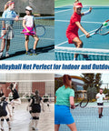 Volleyball net used in various sports settings, featuring Heavy Duty Outdoor Volleyball Net For Backyard Showdown 32 Ft Long By 3 Ft High With Reinforced Side Tapes Durable Weather Resistant Polyethylene PVC Mesh Net Portable Beach Replacement Poles Not Included.