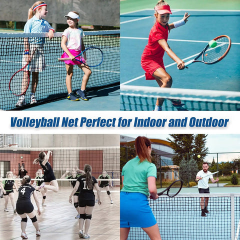 Volleyball net used in various sports settings, featuring Heavy Duty Outdoor Volleyball Net For Backyard Showdown 32 Ft Long By 3 Ft High With Reinforced Side Tapes Durable Weather Resistant Polyethylene PVC Mesh Net Portable Beach Replacement Poles Not Included.