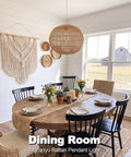 Mgcanyu 16in Rattan Pendant Light, Boho Wicker Hanging Lamp for Dining Room above wooden dining table.