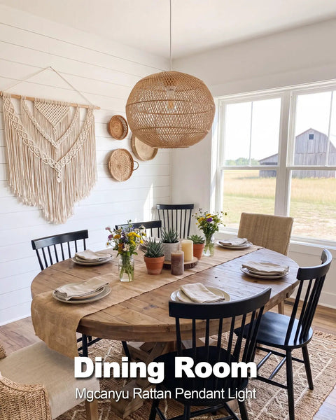 Mgcanyu 16in Rattan Pendant Light, Boho Wicker Hanging Lamp for Dining Room above wooden dining table.
