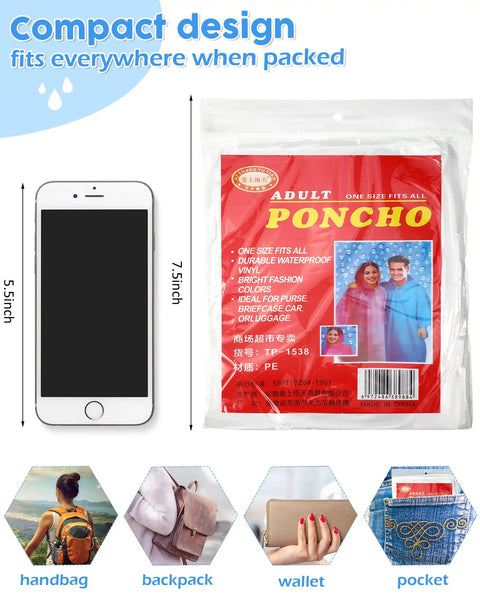 Clear 80 Pack Disposable Adult Rain Ponchos For Theme Parks And Outdoor Adventures Hooded Elastic Cuffs All In One Waterproof PVC and PE Rain Gear packaging with phone for size comparison and compact storage examples in handbag, backpack, wallet, and pocket.
